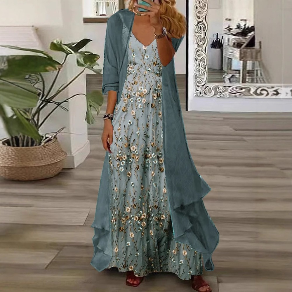 V Vintage Fashion - Vintage Baskılı Şifon Hırka 2 Parça