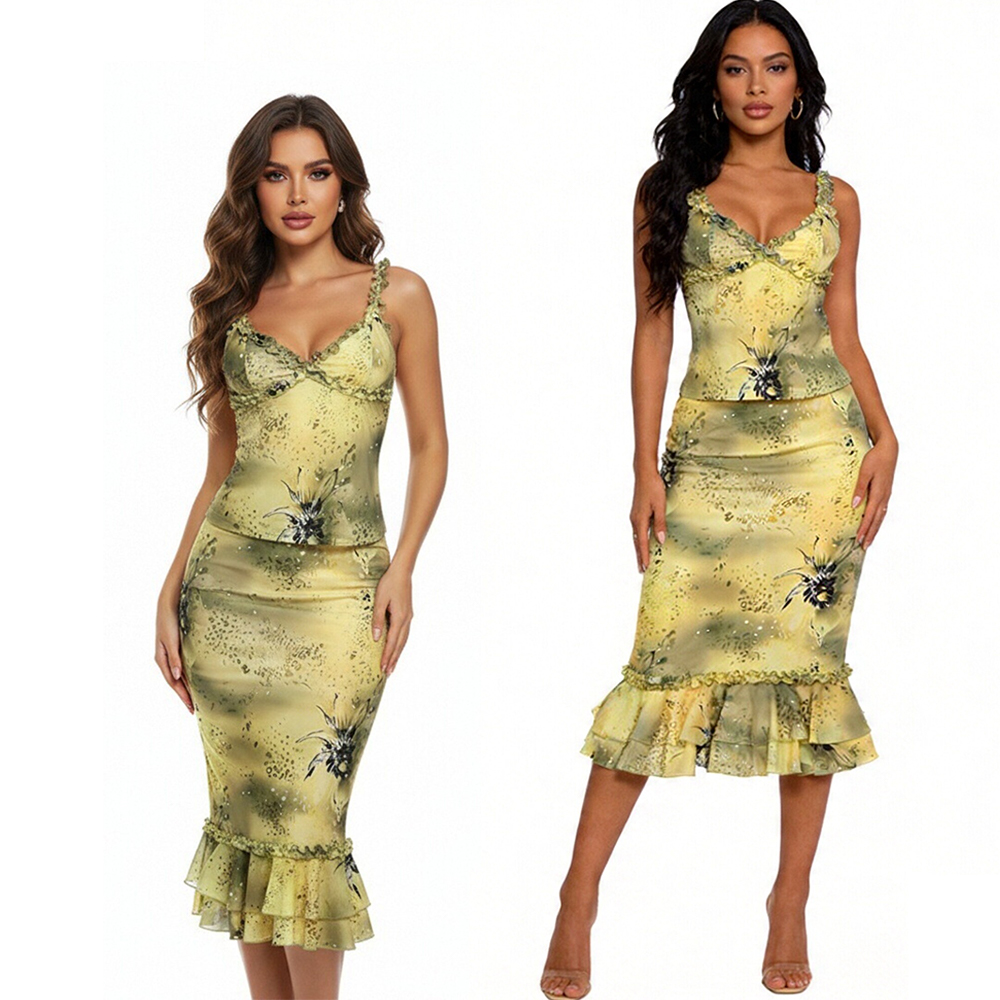V Vintage Fashion - Kadınlar İçin 2 Parçalı Çiçek Desenli